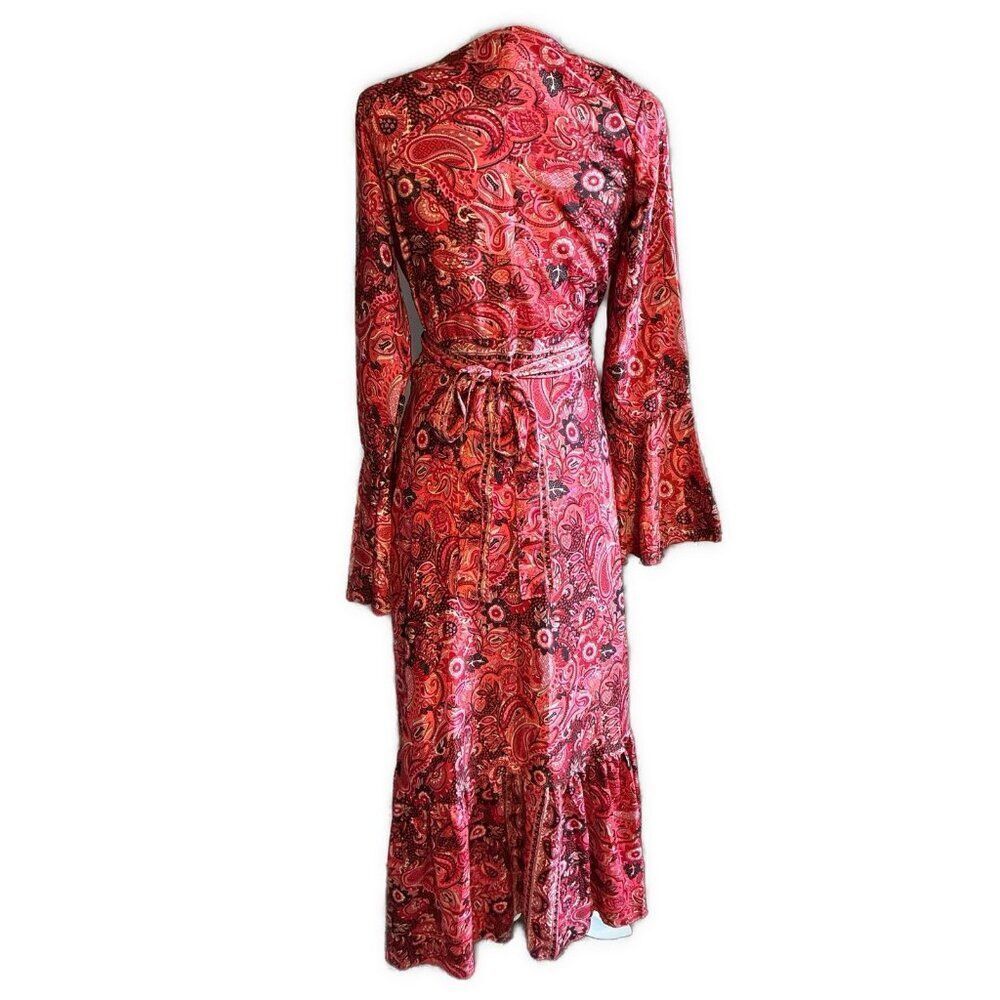 Womens Red Black White Paisley Pattern Long Sleeve Silk Wrap Dress 4 Small - Picture 2 of 5